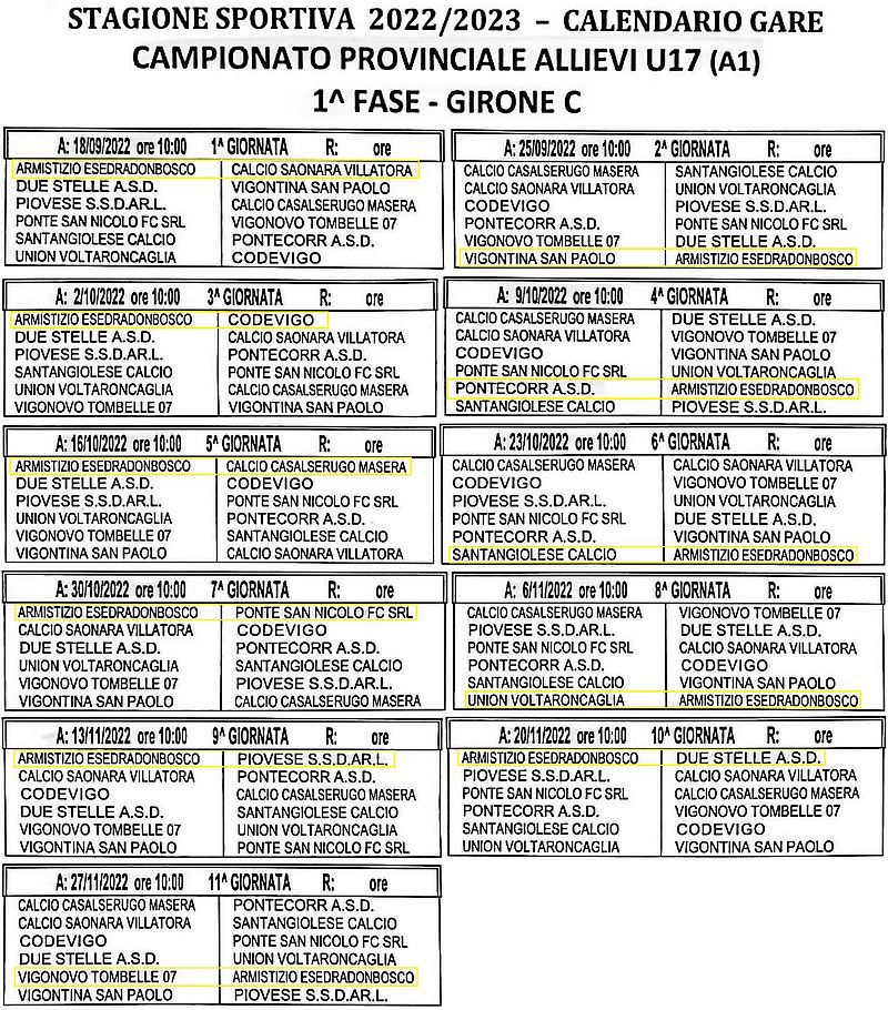 Calcio Armistizio Esedra Don Bosco Padova Calendario Campionato Provinciale Allievi U17 1^ fase girone C SS 2022-2023